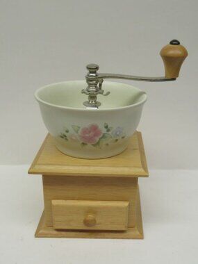 Pfaltzgraff Earthenware TEA ROSE 8 Inch Coffee Grinder with 1 Drawer Wooden Base